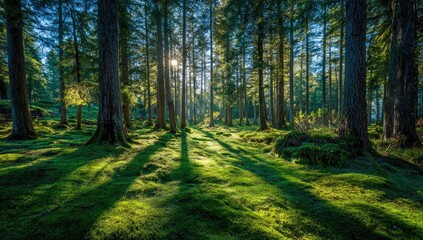 Fototapeta premium Sunlight streams through a dense forest, dappling the mossy ground with long shadows