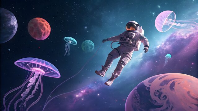 Astronaut Floating Among Space Jellyfish