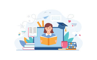 E-learning vector illustration: Online education, graduation, books and studying concept. Vector in cartoon style suitable for websites, social media, and digital marketing.
