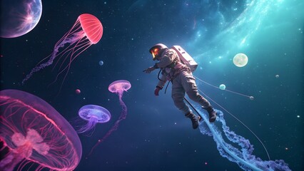 Astronaut Floating Among Space Jellyfish