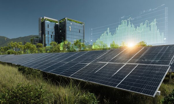 Solar panels on a grassy field in front of modern buildings, overlaid with financial data,  suggesting sustainable urban development