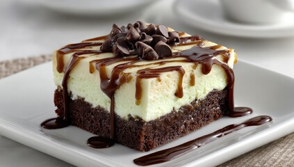 Chocolate brownie dessert layered with creamy mint-flavored filling, drizzled with caramel and chocolate sauces, topped with chocolate chips