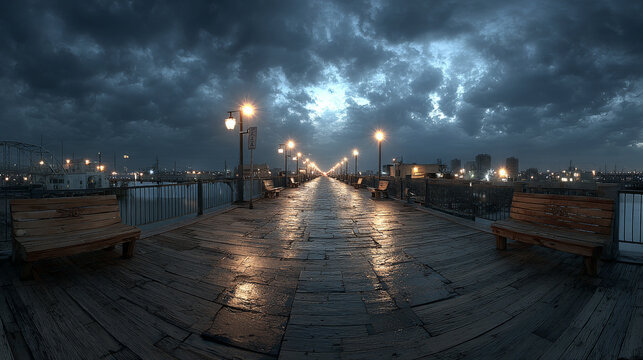 full seamless spherical night panorama 360 degrees angle view on pedestrian bridge in equirectangular projection, ready for VR AR virtual reality