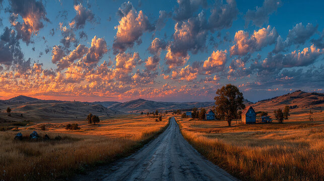 full seamless spherical hdri panorama 360 degrees angle view on asphalt road among fields in summer evening sunset with awesome clouds in equirectangular projection, ready for VR AR virtual reality