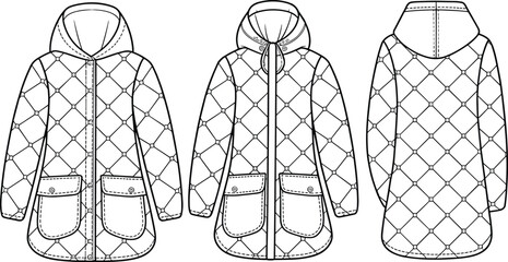 Quilted Hooded Jacket CAD Drawing – Flat Vector Illustration with Front, Back, and Side Views, Flap Pockets, Technical Stitching, and Outerwear Garment Layout