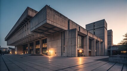 Obraz premium Low angle view of Brutalist concrete library exterior at dusk with geometric lines and deep shadows