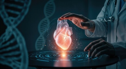 Health Research in Precision Medicine. A doctor manipulating a glowing heart model amidst DNA strands in a futuristic setting.
