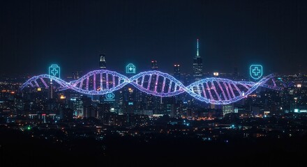 Obraz premium Health Research in Precision Medicine. Illuminated skyline with a DNA strand design, blending science and city life at night.