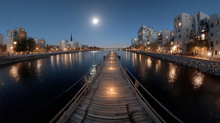 Fototapeta premium full seamless spherical night panorama 360 degrees angle view on pedestrian bridge in equirectangular projection, ready for VR AR virtual reality