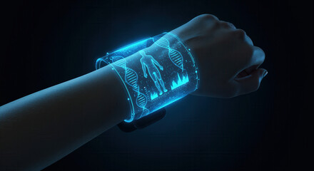 Health Research in Precision Medicine. Futuristic smartwatch displaying holographic health data on a wrist.