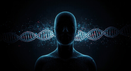Health Research in Precision Medicine. Digital silhouette with DNA strands and particles, symbolizing genetics and technology.