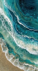 Abstract resin art, showcasing flowing teal and turquoise waves over a sandy beige background.  Rippled, textured patterns