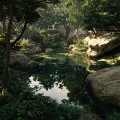Naklejka premium Sunlight filters through a tranquil forest, reflecting on a still pool of water. Lush greenery surrounds a calm waterway, bordered by large rocks