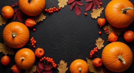 Overhead Autumnal Pumpkin and Foliage Arrangement on Dark Background, Festive Composition.