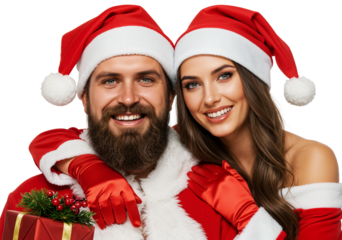 Festive couple in Santa Claus costumes, PNG with transparent background, celebrates Christmas