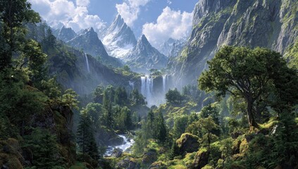 Lush mountain valley with waterfalls cascading through a dense forest.  Vast peaks pierce a partly cloudy sky