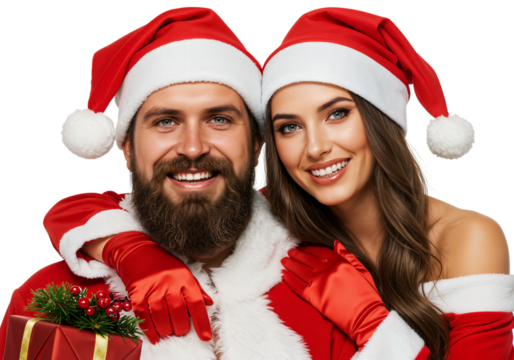 Festive couple in Santa Claus costumes, PNG with transparent background, celebrates Christmas