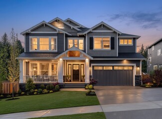 Large, modern, gray-sided home at dusk