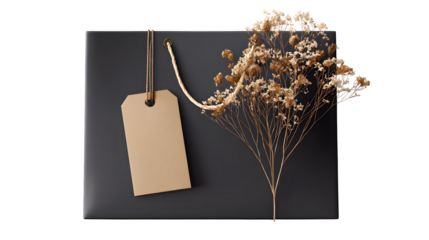 Gift box with tag and dried flowers, isolated on transparent background