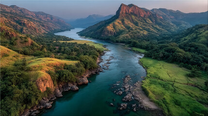Aerial view of the beautiful Adomi Bridge over a tranquil river surrounded by lush hills and a serene sky, Atimpoku, Ghana.