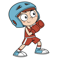 A young boy dressed as a boxer. He's wearing a light blue head protector, red boxing gloves, and a red boxing uniform with white stripes. He is in a boxing stance with his fists up.