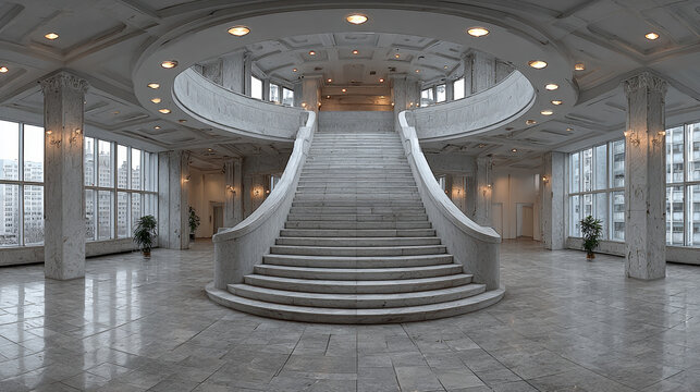 hdri 360 panorama on emergency and evacuation exit stairs in empty modern hall with columns, doors and panoramic windows in office building in spherical equirectangular projection, for AR VR content