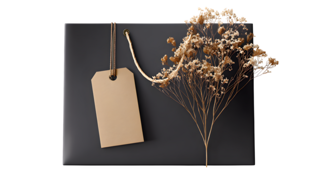 Gift box with tag and dried flowers, isolated on transparent background
