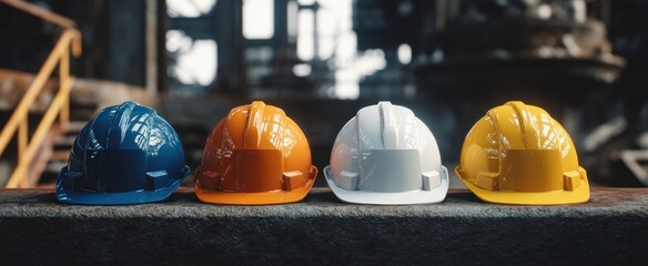 The array of safety helmets showcasing vibrant colors for construction workers.