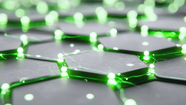 Abstract hexagonal grid, glowing green lights, intricate connections