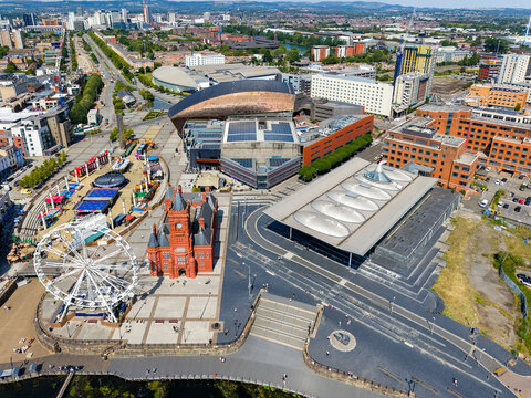 High angle drone shot of Cardiff Bay waterfront with its famous landmarks in summer