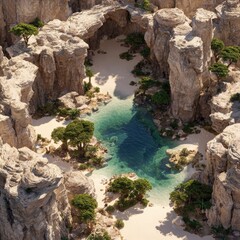 Sun-drenched oasis nestled in a rocky canyon.  High-angle view