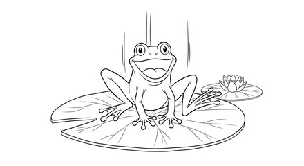 Obraz premium Happy cartoon frog sitting on a lily pad with a water lily.