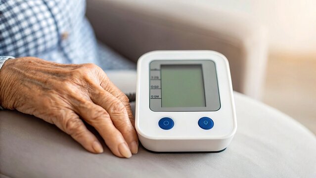 healthy high blood pressure tips. A close-up of an elderly person's hand resting near a digital blood pressure monitor