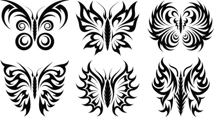 Tribal Butterfly Tattoo design Set, silhouette Symmetrical Wings, vector illustration