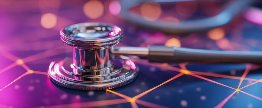 The stethoscope resting on a vibrant digital background showcasing healthcare technology.