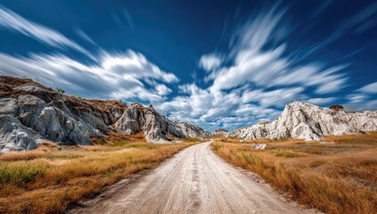 A dirt road winds through a landscape of light beige hills under a dynamic sky