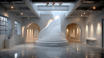 Obraz premium suspended ceiling with halogen spots lamps and drywall construction in empty room in apartment or house. Stretch ceiling white and complex shape.