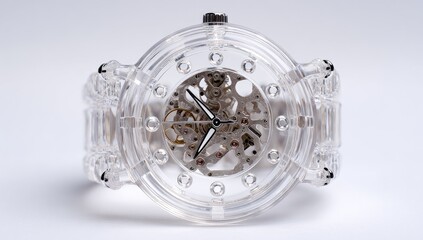 Transparent watch with intricate mechanism.  Clear plastic case and band showcase inner workings.  Clean, modern design