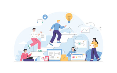 Business Team Climbing Stairs to Success with Idea Generation and Data Analysis, Promoting Collaboration and Innovation in a Growing Company Environment.