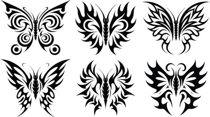 Fototapeta premium Tribal Butterfly Tattoo design Set, silhouette Symmetrical Wings, vector illustration