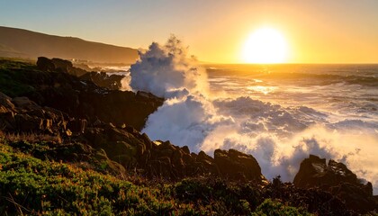 Dramatic sunset over crashing waves on a rocky coastline