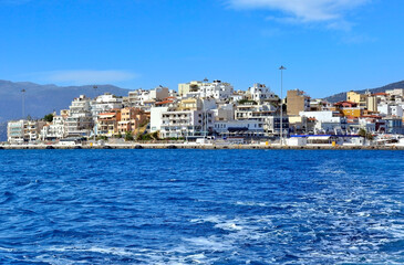  View of the sea with old town Agios Nikolaos, Crete, Greece