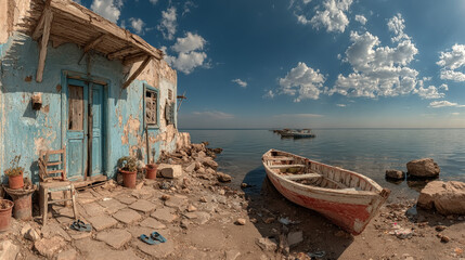 Naklejka premium full seamless spherical hdri 360 panorama view abandoned thatched shack or palm tree hut on shores of red sea with fishing boats in equirectangular projection, ready for VR AR virtual reality