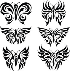Tribal Butterfly Tattoo design Set, silhouette Symmetrical Wings, vector illustration