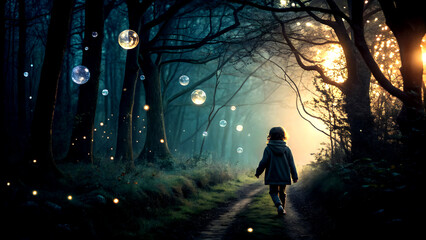 Fototapeta premium Child Walking Through Enchanted Forest with Floating Lanterns