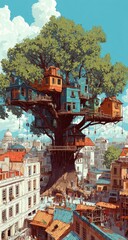 Obraz premium A vibrant treehouse city nestled amidst a European-style town