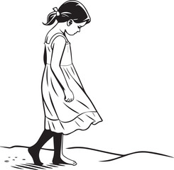 A pensive young girl walks alone, lost in thought, a moment of quiet introspection captured in timeless black and white illustration