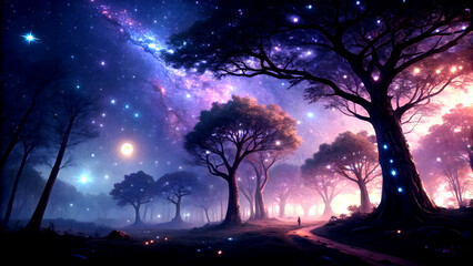 Starry Night Forest with Spiral Galaxy and Silhouetted Trees