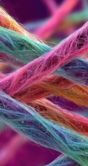 Close-up view of colorful threads.  Fibers in vibrant hues of rainbow colors intertwining.  Detailed microscopic view of texture and structure