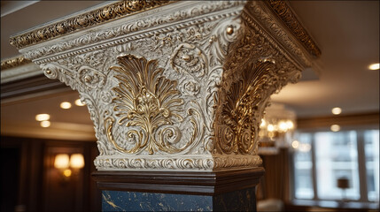 Detail of corner ceiling cornice with intricate crown molding. 